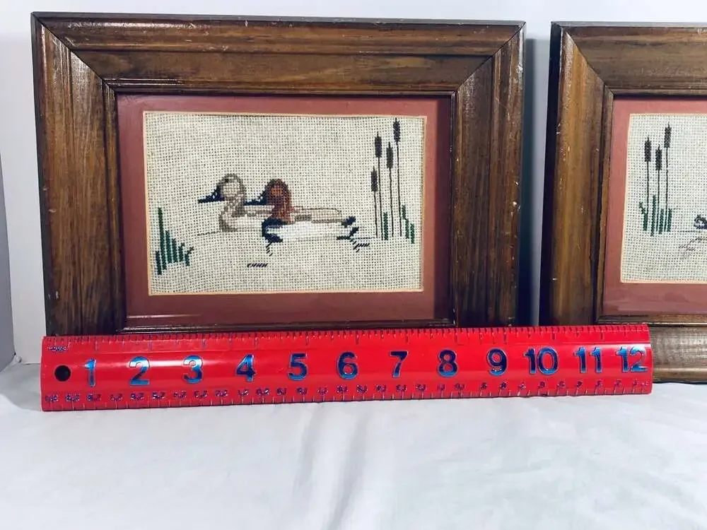 Embroidered ducks antique wall art wood frames